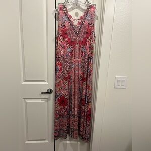 One World Sleeveless Maxi Dress Artsy Burgundy Floral Rhinestones Embroidery 2X